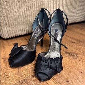 Nina Black Satin Peep-Toe Heels with Bow and Ankle Tie